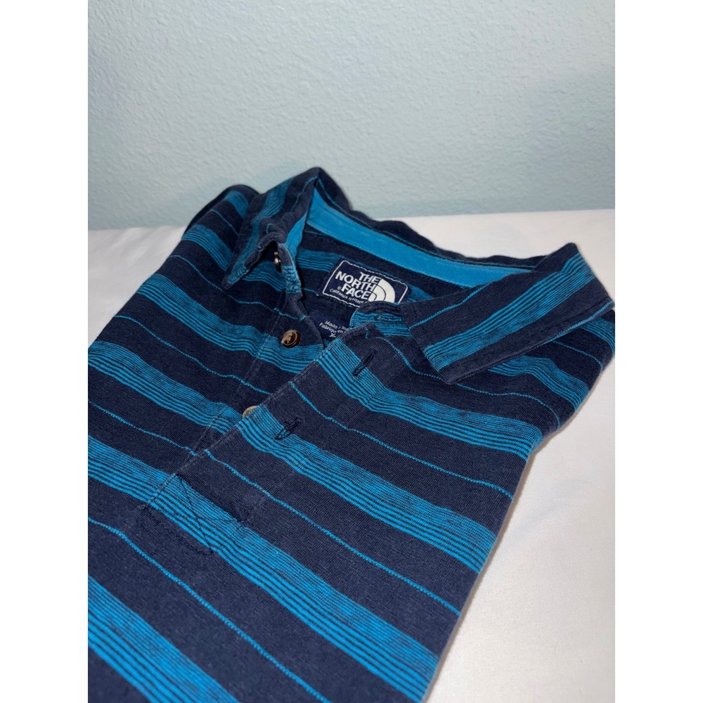 The North Face Mens XL Polo Shirt Navy Blue Teal Striped Short Sleeve Cotton